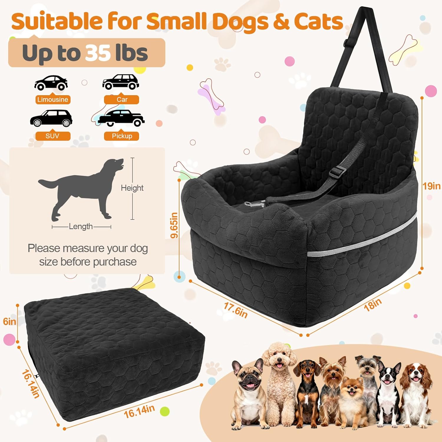 Dog Car Seat for Small/Medium Dogs - Puppy Car Seat Under 35 lbs with Thick Elevated Cushion & Safety Belt for Travel - Detachable & Washable Dog Booster Seat with 2 Sides Storage Pockets(Black)
