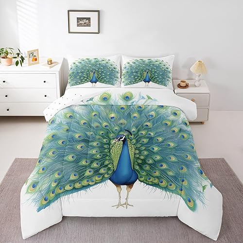 Miniatura 3 de Juego de edredón de pavo real, lindo relleno de edredón dibujado a mano para niños y adolescentes, juego de ropa de cama con estampado de plumas de