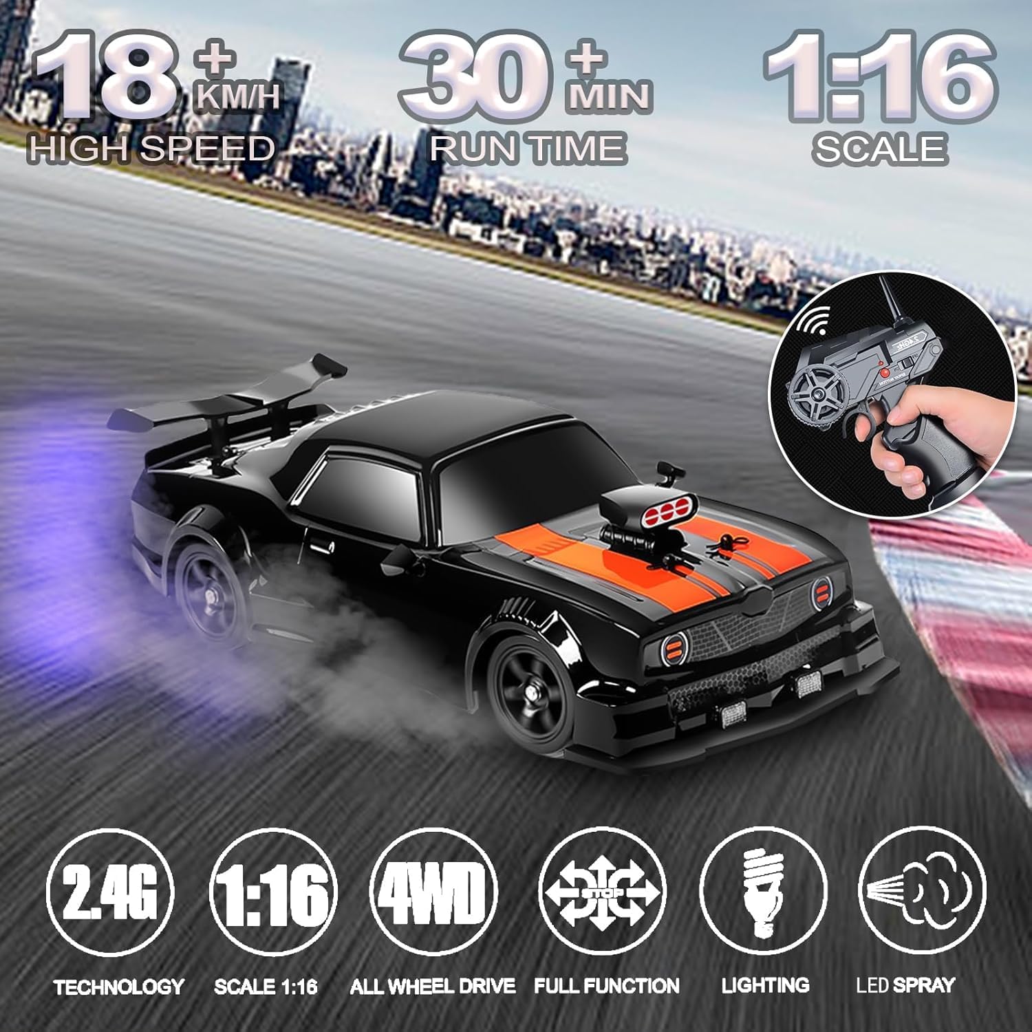 CROPDAK RC Drift Car 1/16 2.4GHz 4WD Remote Control Racing Car, 18KM/H+ High Speed with Spray, Cool Lights, Extra Tires - Kids Toy 1