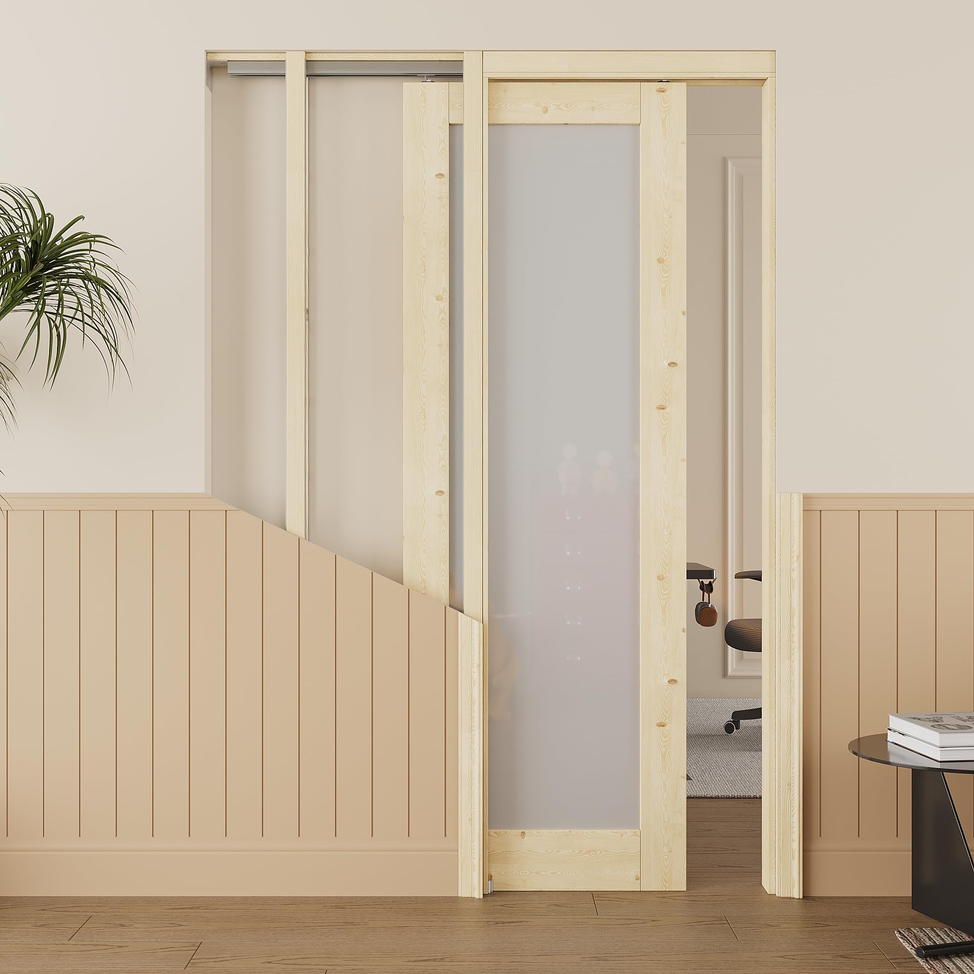 18x80 Sliding Pocket Door,1 Lite Pine Frosted Glass Doors,Hidden Doors