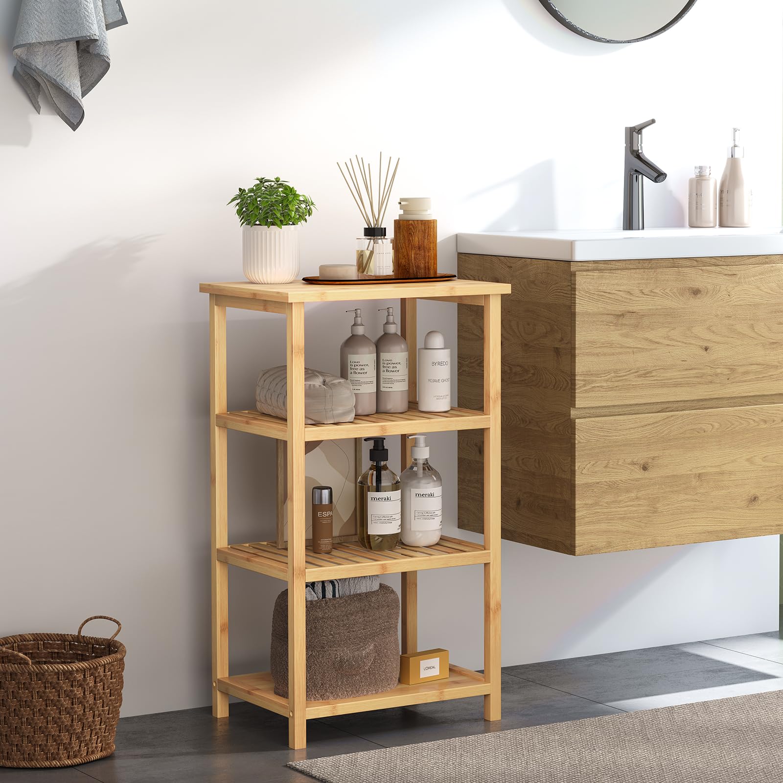 Dripex Badregal stehend, Badezimmer Regal Bambus, Standregal mit 4 Ablagen, verstellbare Küchenregal, Bambusregal schmal für Küche Bad Wohnzimmer Flur Balkon, 40X30x70cm