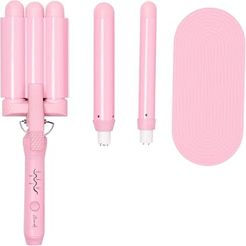 Mermade Hair 3 in 1 Style Wand - Hair Waver 3 Barrel, Curling Iron 1 1/4 Inch, 1 Inch Curling Iron, Ceramic Barrel Waver & Curler w/Heat Glove, Mat, Interchangeable Handle - Pink