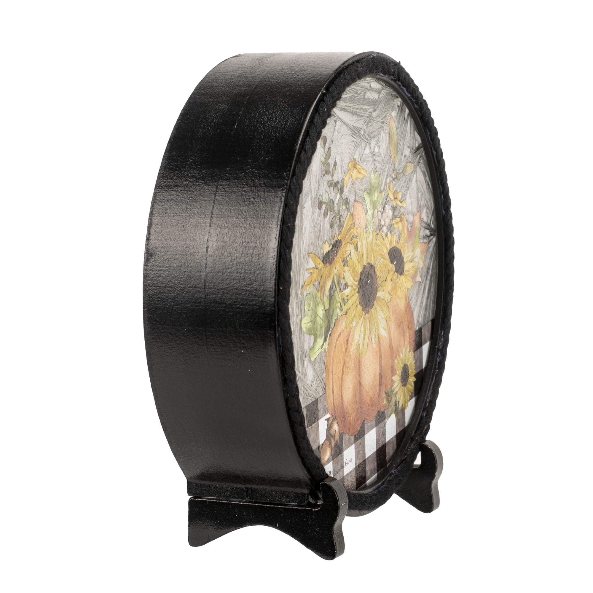 Harvest Pumpkin Sunflower Foliage Round 7.25 x 7.5 Wood and Glass Pre-Lit Plug in Tabletop Night Light Lamp with Easel, Welcome Fall 3