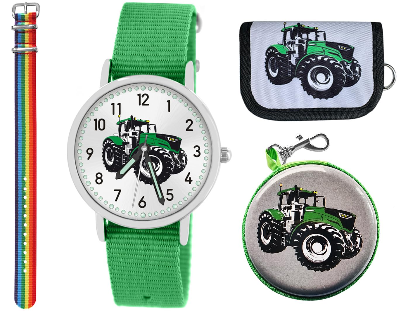 Geschenkset 5tlg. Kinder Armbanduhr Jungen Traktor Trecker grün 5ATM wasserdicht Sammelbox Geldbörse Analog Quarz 2tes Armband