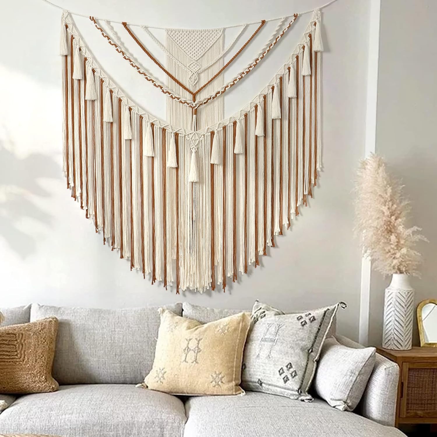 LOMOHOO Large Macrame Wall Hanging Boho Geometric Art Woven Cotton Tapestry Wall Decor Yellow Bohemian Home Decoration for Living Room Bedroom Dorm Apartment