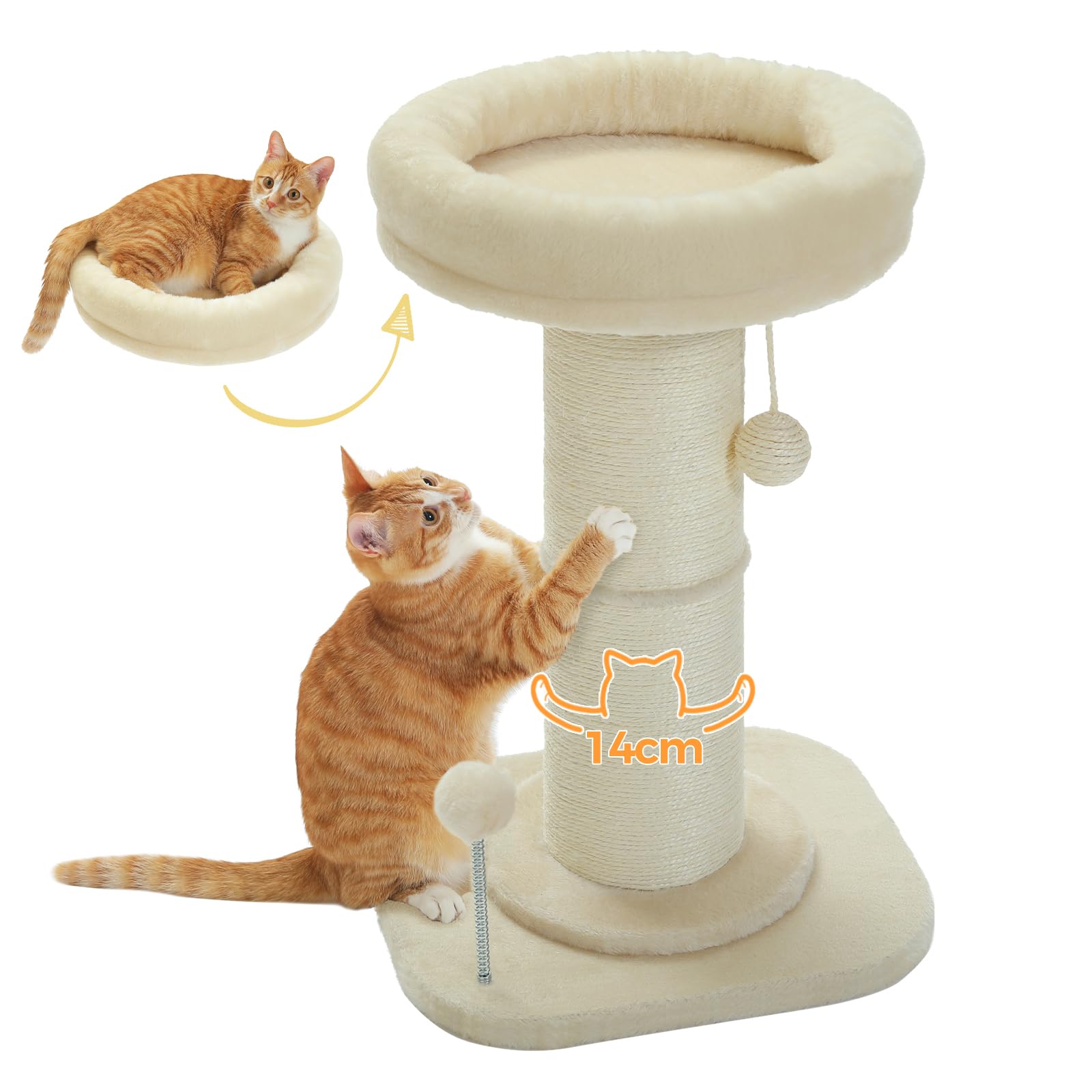 PAWZ Road Cat Scratching Post, Tall Cat Scratcher for Indoor Cats with Super Thick Scratching Post [Dia=14cm], Removable Fluffy Bed, Scratch Post with Spring Ball, Beige