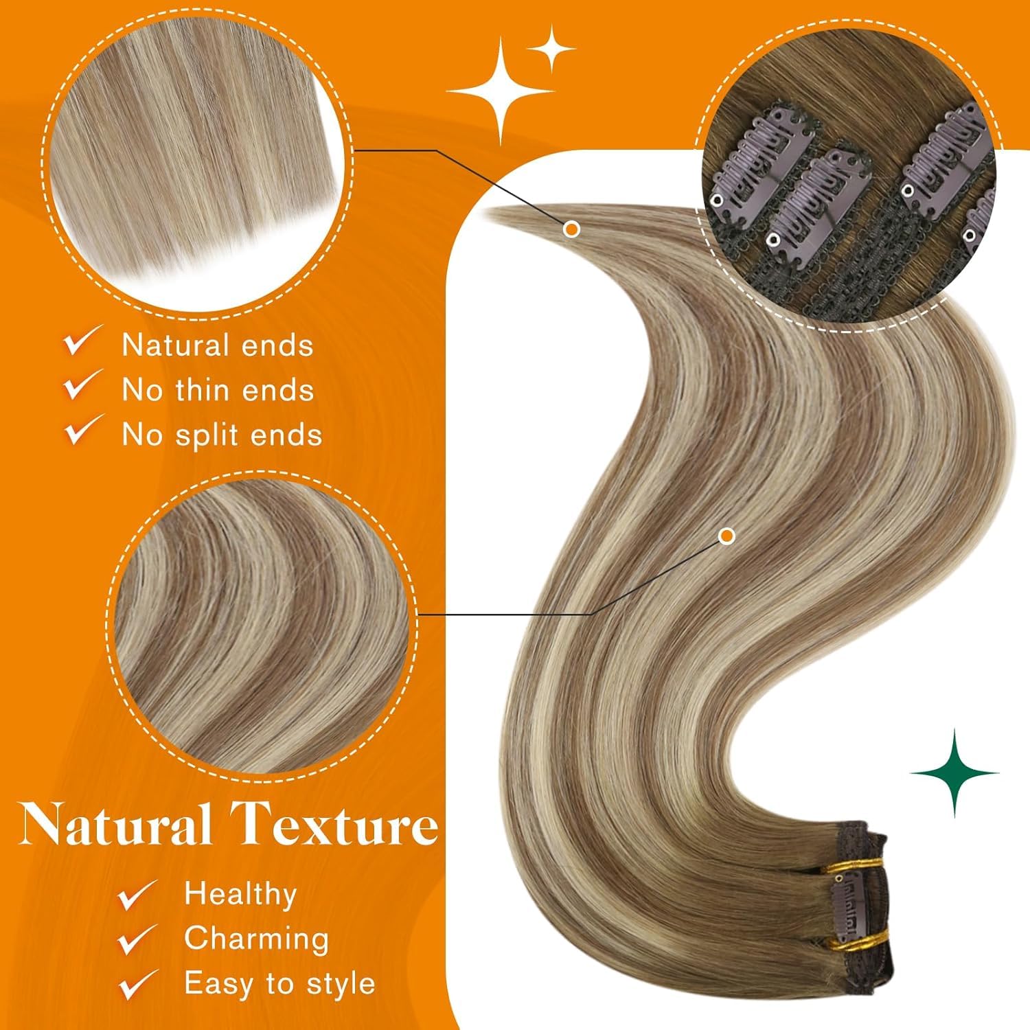 Easyouth Clip in Hair Extensions Real Human Hair Balayage Brown Clip in Human Hair Extensions Brown to Blonde Ombre Real Hair Clips in Extension Soft Thick 14Inch 70g 5Pcs #3/8/22 - Image 4