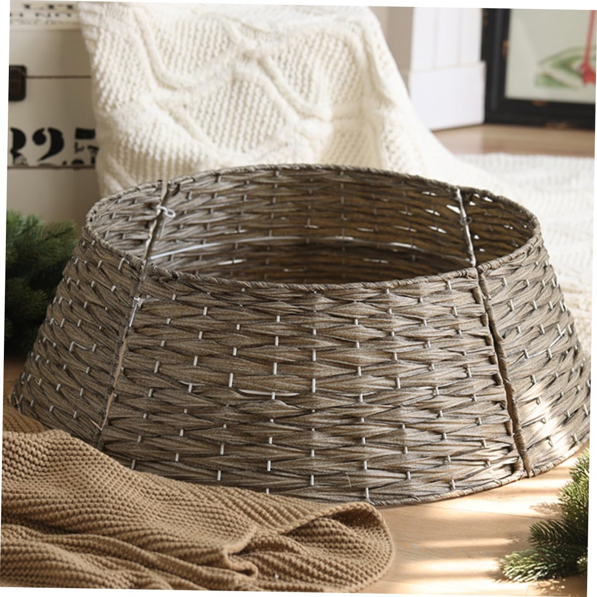 HOMSFOU Gonna per Albero di Natale in Stile Fattoria, Supporto Decorativo Collare Natalizio Grigio, Anello Finto per Alberi Artificiali, Decorazione Versatile per Interni ed Esterni,