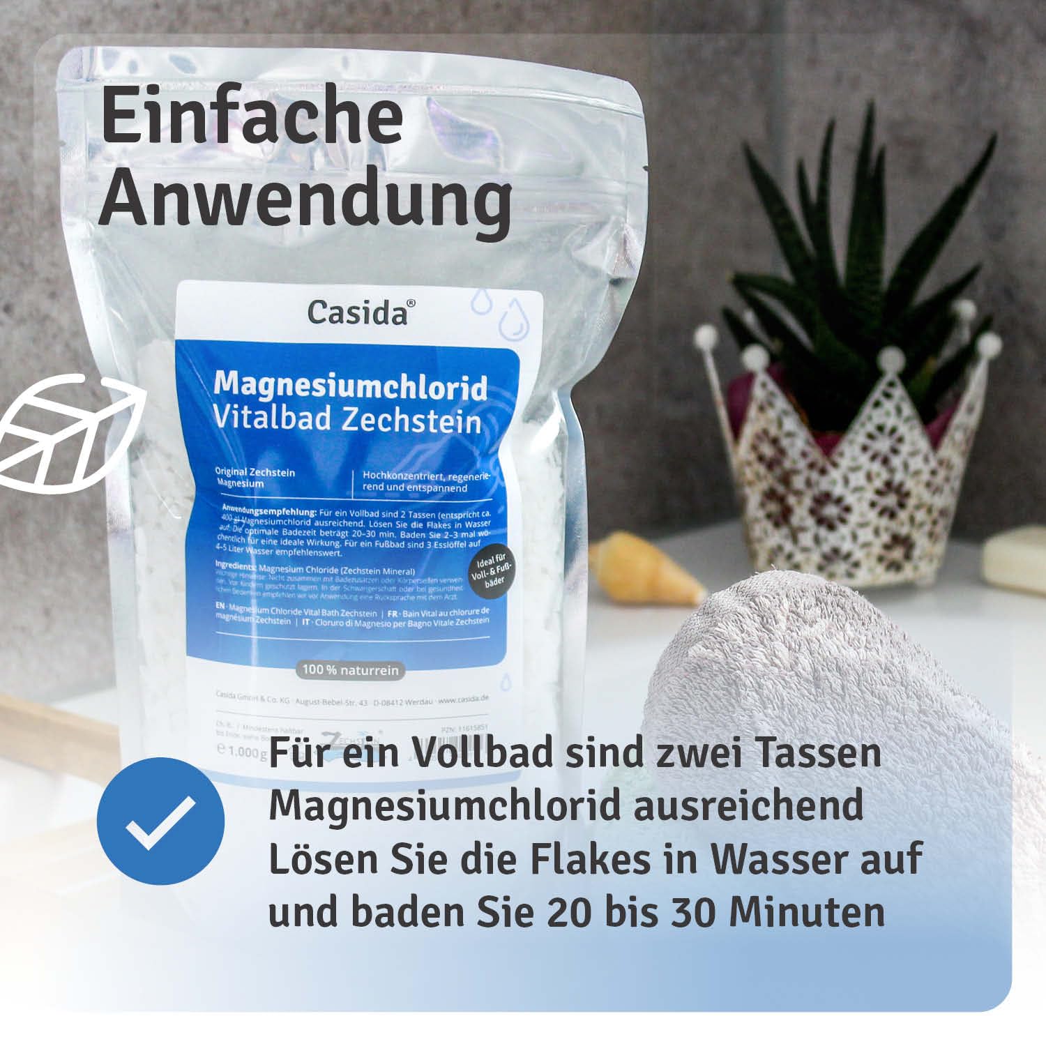 Casida Magnesiumchlorid Vitalbad 1000 g - Original Zechstein Magnesium Flakes, Flocken - rein natürliches Magnesiumchlorid Hexahydrat für Vollbad und Fußbad - auch für Herstellung Magnesiumöl