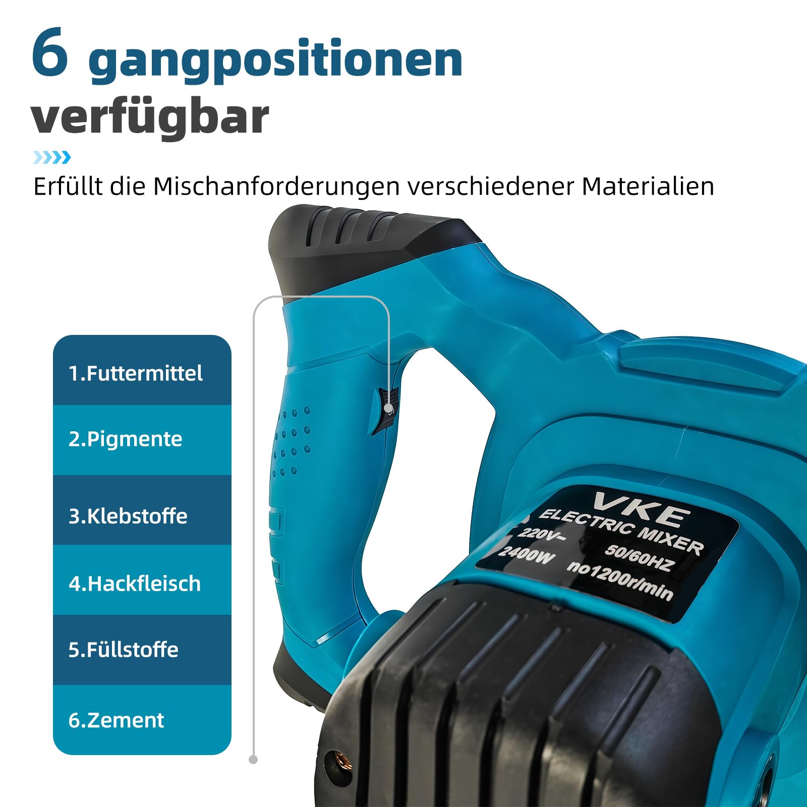 VKE Rührwerk, 6 Gang Mörtelrührer 2400W, Max. 1200 r/min Elektrischer Betonmischer mit Festdrehzahlknopf, Betonrührer, Quirl Mörtelrührer mit Aufbewahrungstasche
