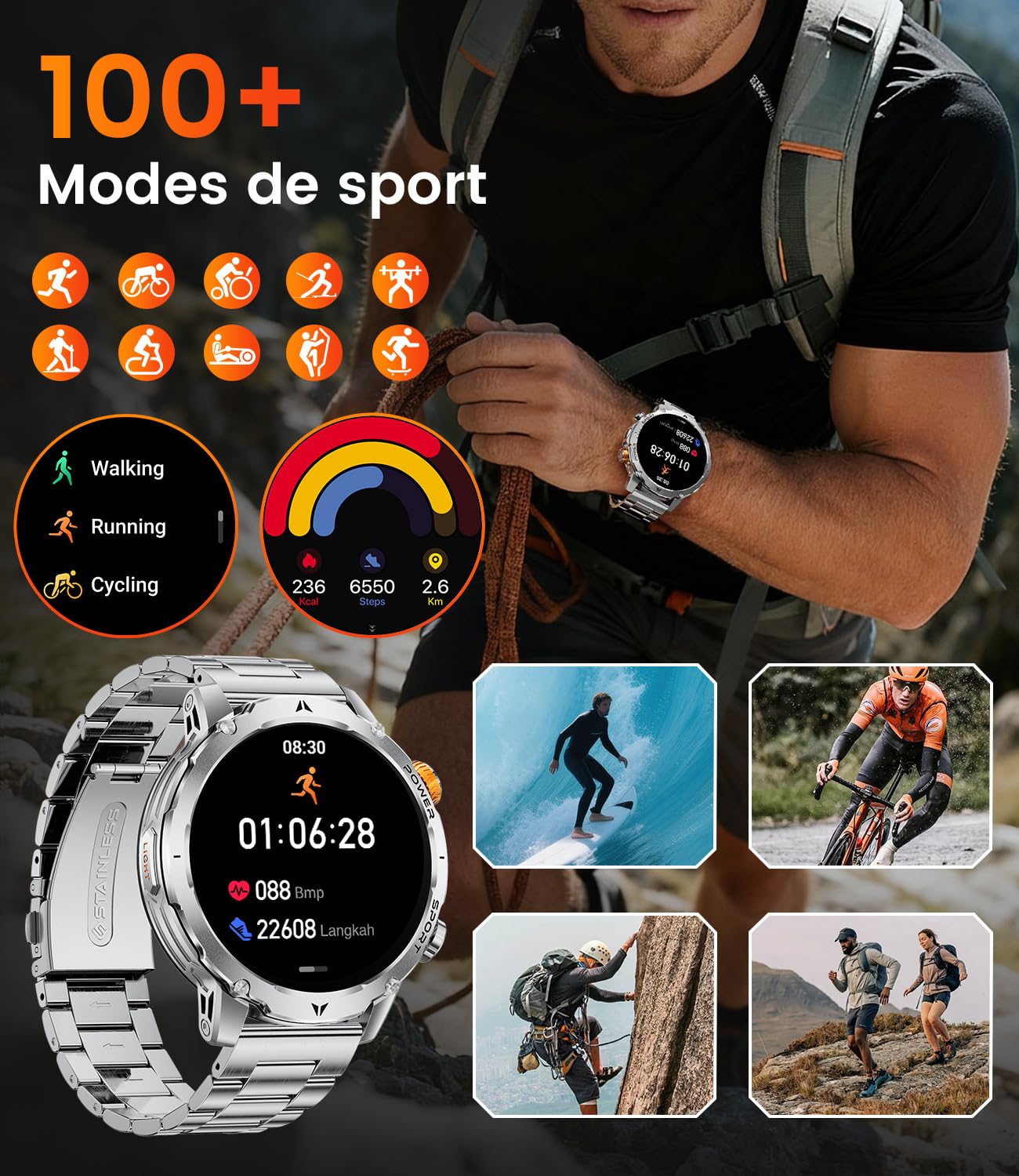 LIGE 1000mAh Montre Connectée Homme, 1,7" Smartwatch Militaire avec 110+ Modes Sportifs, IP68 Étanche, Appel Bluetooth, 24H Fréquence Cardiaque, Podomètre Android iOS,3 Bracelets,2 Chargeurs,EF24-B