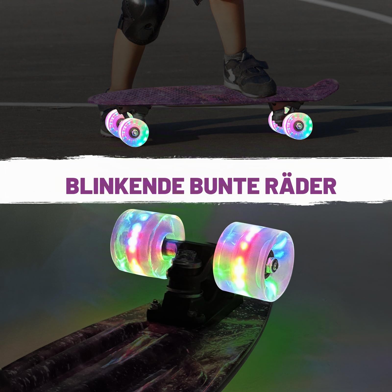 Nattork Skateboards 22 Inch Mini Cruiser Purple Skateboard Complete Retro Skate Boards with Colorful Light Up PU Wheels for Kids Girls Boys Beginners