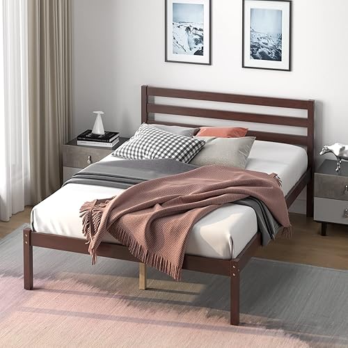 Miniatura 18 de NAFORT Base de cama de plataforma de madera individual con cabecero, base de madera maciza y soporte de listones de madera fuerte, base de colchón,