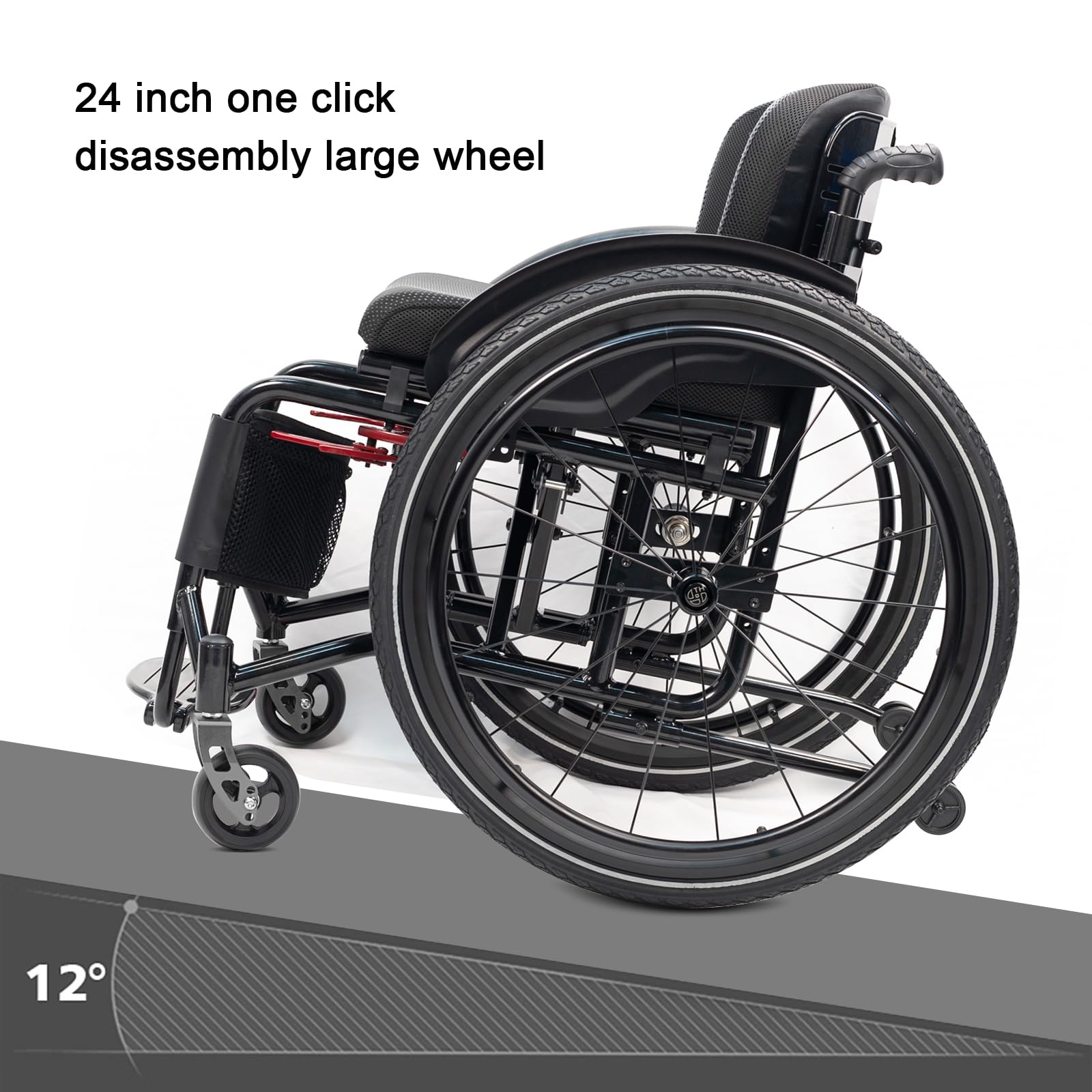 Silla de ruedas deportiva plegable ultraligera, silla de ruedas manual todo terreno con frenos de mano, aleación de aluminio autopropulsada, reposapiés ajustable y altura del asiento