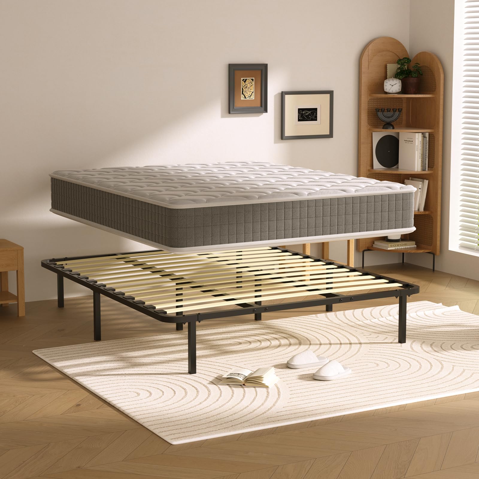 DEWINNER Materasso a Memoria 25cm + Rete a Doghe 160x190cm, Alto 35cm, con 8 piedi, 13 doghe, Facile da montare, Ortopedico, Antiacaro, Grigio，Letto Matrimoniale