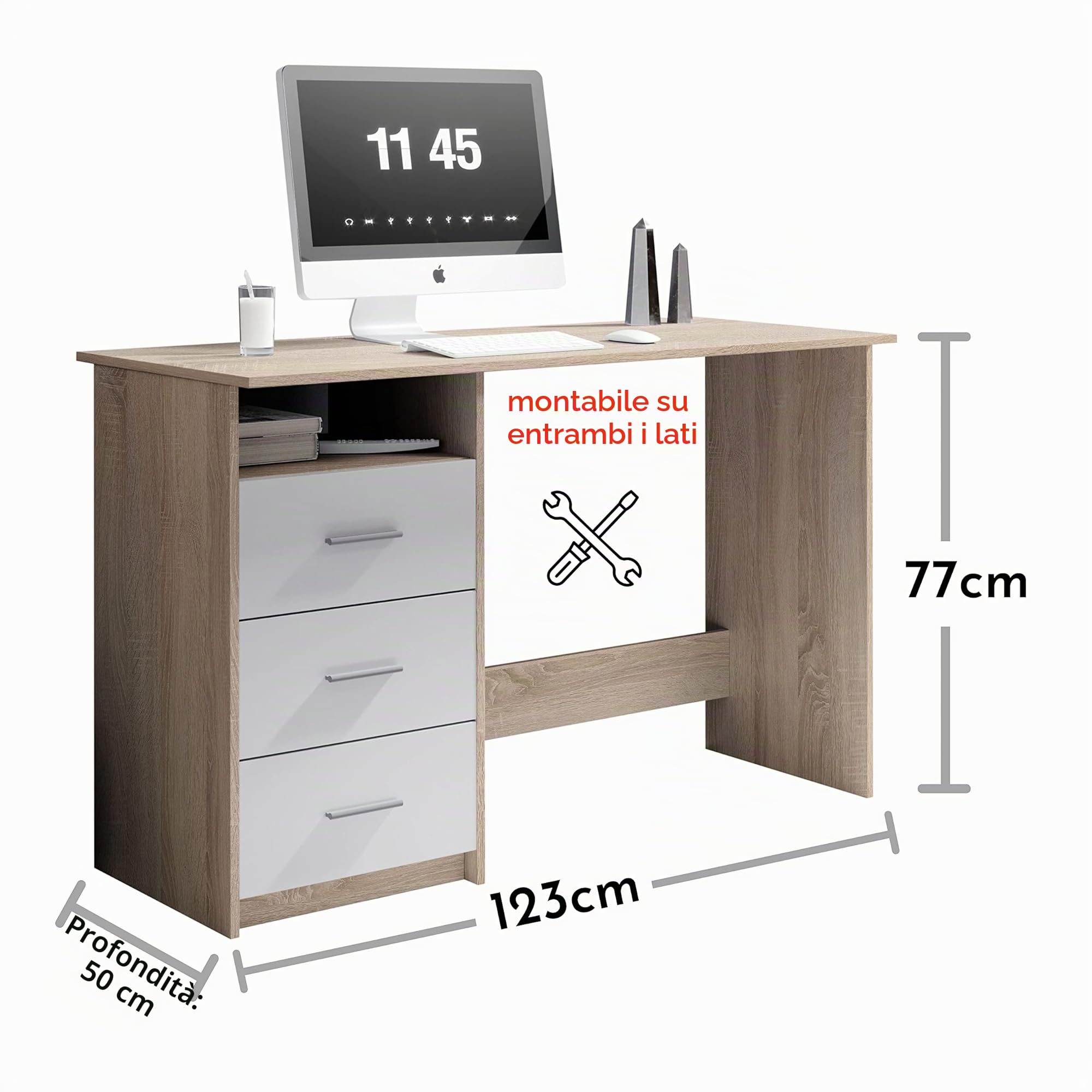 Stella Trading ADRIA, Scrivania con cassetti, finitura simil rovere Sonoma, bianco, pratica scrivania da ufficio con ampia superficie di lavoro, 120 x 76 x 50 cm (L x A x P)
