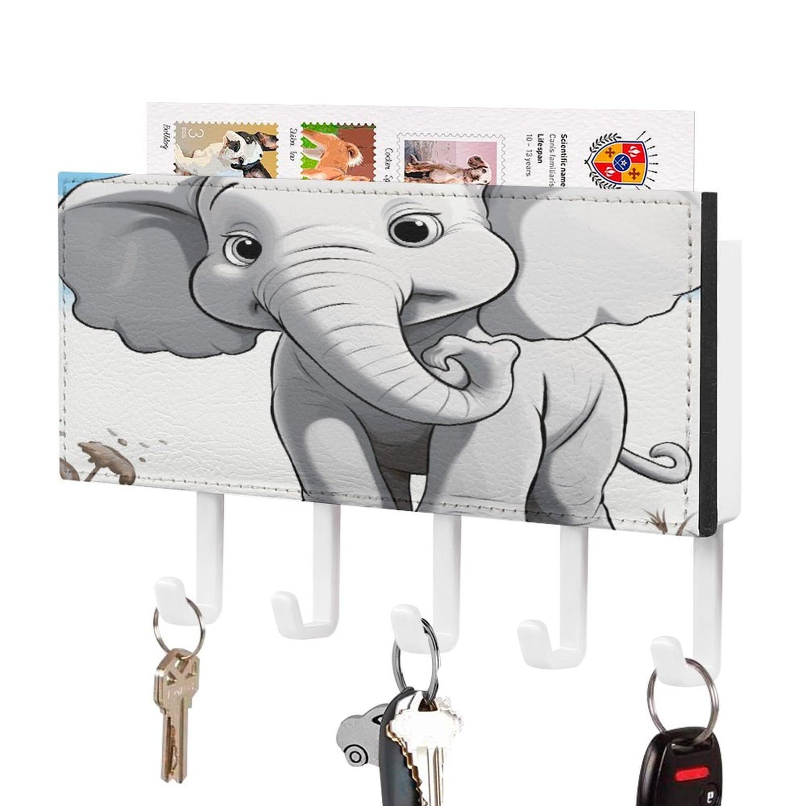 LDGSUPH White Elephant Key Holder Wall Mount Key Hanger with 5 Hooks Fashion Key Organizer Rack Hanging Key Hooks with Mail Organizer Key Rack for Home Entryway Hallway White-Style
