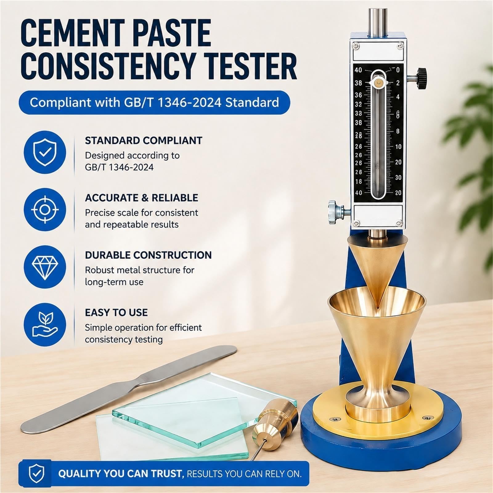 Tester spójności cementu z 300g prętem przesuwnym, precyzyjnym mosiężnym stożkiem i kompletnym zestawem narzędzi do niezawodnej oceny jakości cementu w laboratoriach i budowach