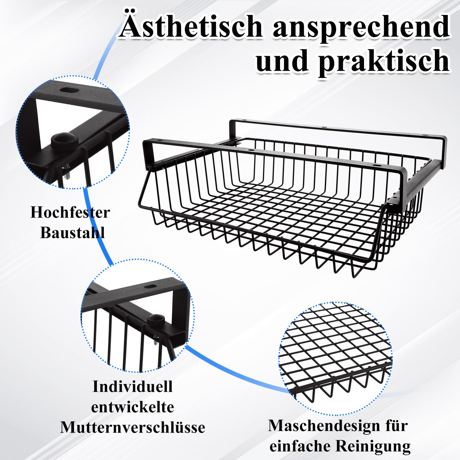 Metallgeflecht Versteckte Schublade, 37x25x11CM Große Kapazität Organizer, Metall unter Tisch Schubladenbox für Büro zu Hause Schule, Schwarz