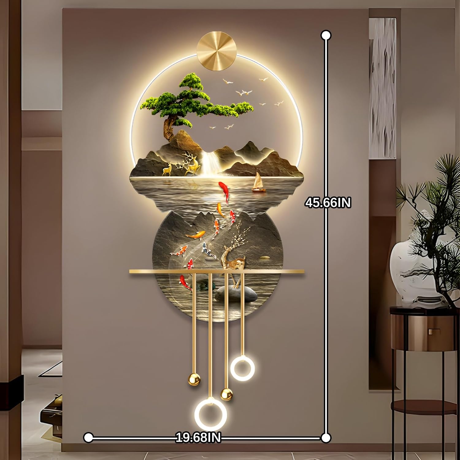 3D Wall Art Decor with Led Lights, Plug-in Power Supply Modern Art Wall Decor Chinese Creative Landscape Picture Wall for Home, Entrance Corridor, Study(Stylle A,19.69x47.24in) - Image 2