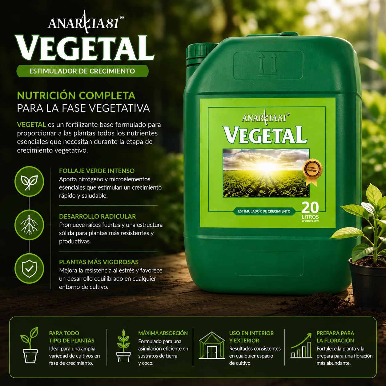 VEGETAL 20 L – Fertilizante de Crecimiento para Plantas Abono Base Completo para Desarrollo Vegetativo Vigoroso Follaje Verde Intenso Cultivo Interior y Exterior - Anarkia81