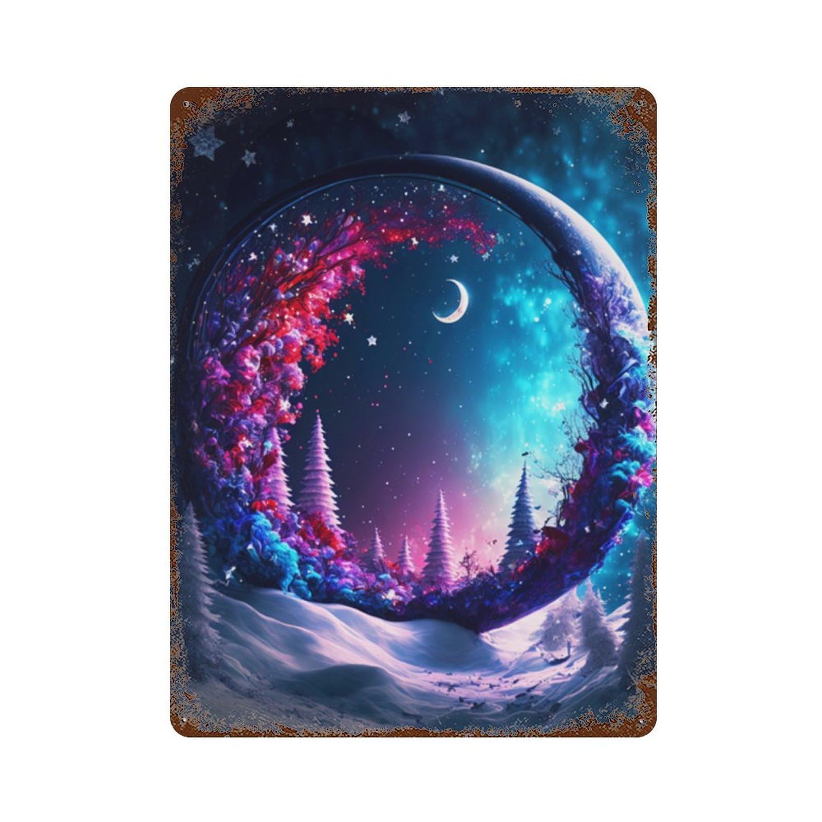Rust Effect Magical Winter Wonderland Scene Rusty Metal Tin Sign 15.7"x11.8", Farmhouse Wall Decor for Cafe, Home Bar And Lounge Decor