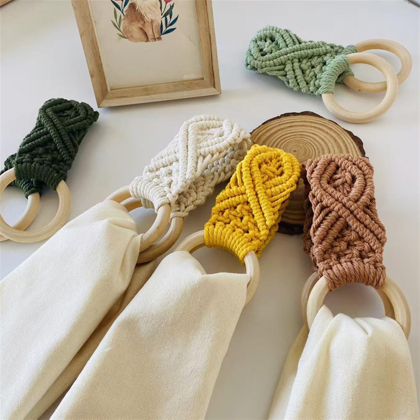 Lot de 4 porte-serviettes en crochet – Anneaux décoratifs à suspendre pour cuisine, cuisine, cuisine, poignée de four et cintre de salle de bain, jaune pour décoration de maison et de cuisine