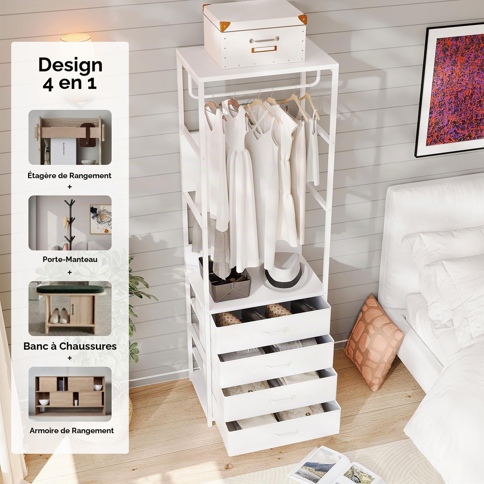 VOWNER Porte Manteau Meuble Entrée Vestiaire 4-en-1 Portant Vetement Blanc | Cadre en acier avec tiroirs, tringle et étagère, 60 x 40 x 180 cm pour couloir, chambre
