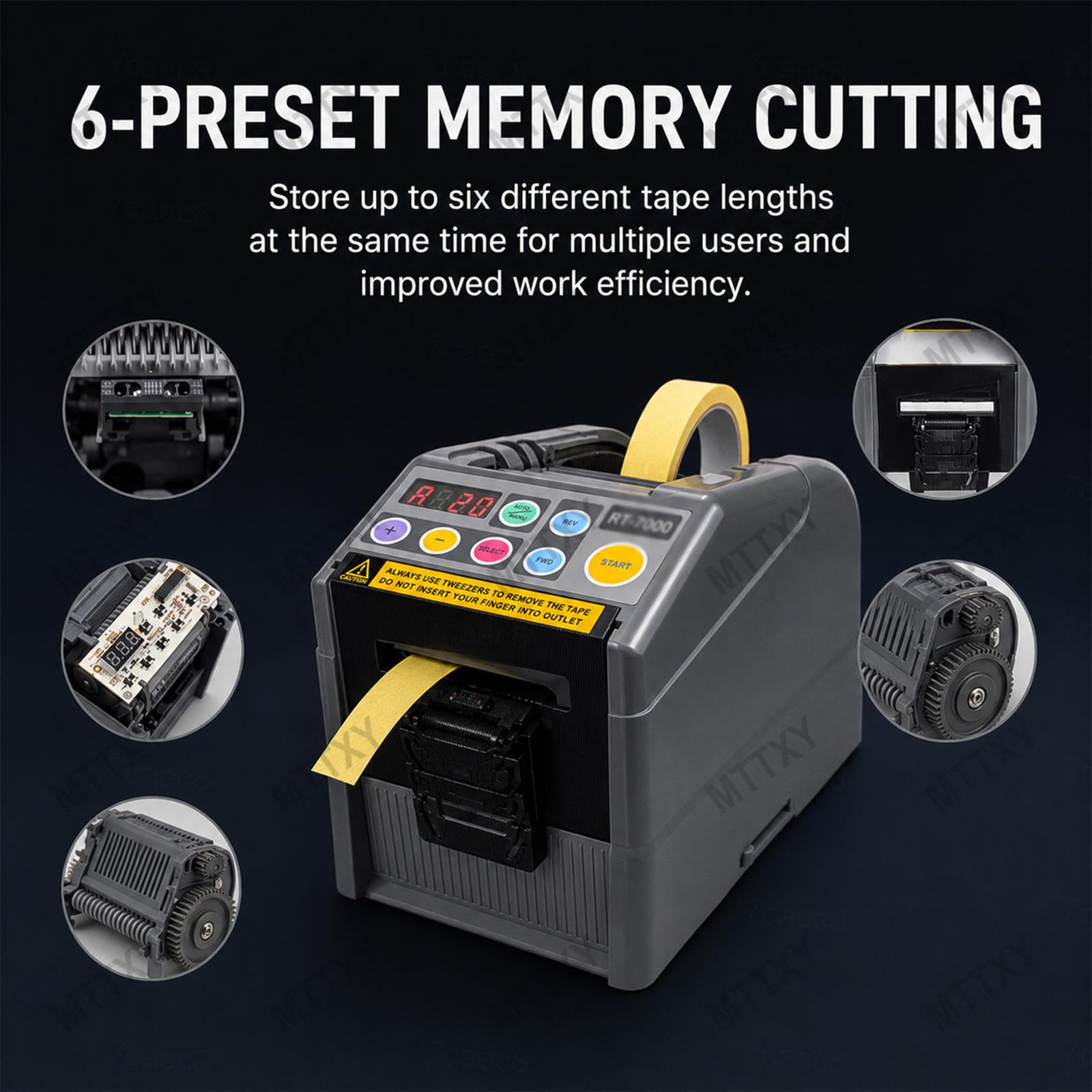 Dispensador Eléctrico de Cinta, 6-60 mm, Auto/Manual | Corte hasta 999 mm con engranaje de silicona antideslizante y pantalla LCD para oficina, almacén y embalaje.