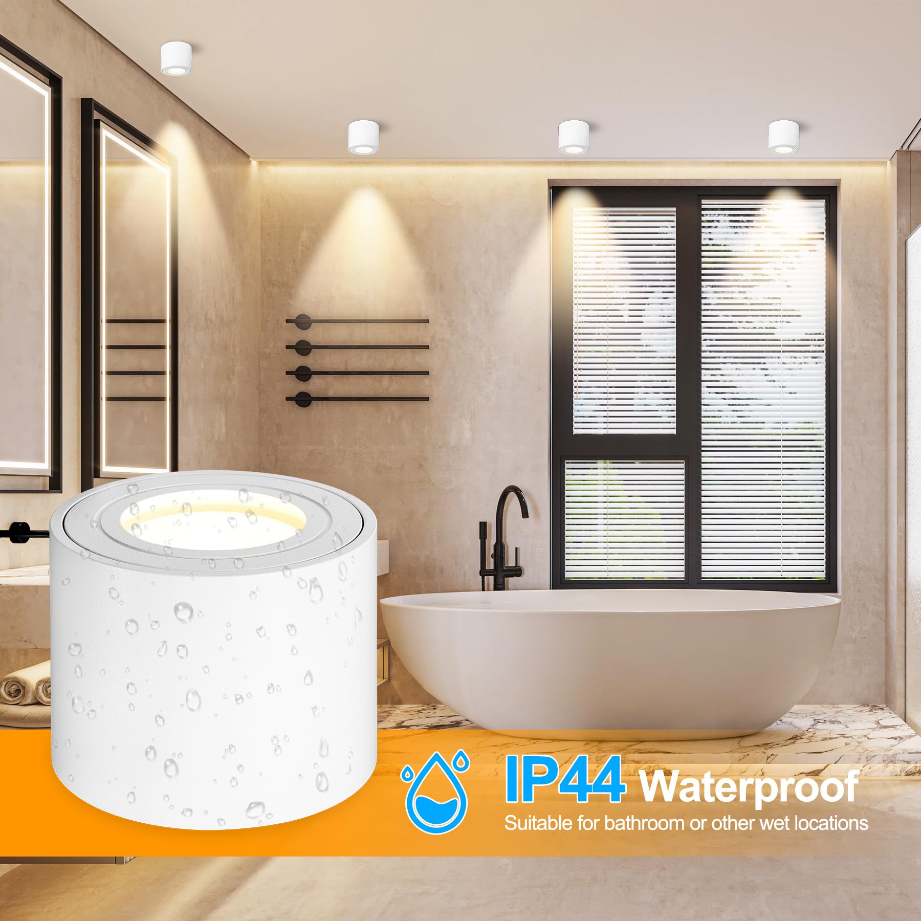4 x reflektor LED do zabudowy, biały, IP44, Ø 80 x 65 mm, płaski, natynkowy reflektor punktowy 230 V, w zestawie moduł LED 5 W, 550 lm, 3000 K/4000K/6500 K, oświetlenie sufitowe, możliwość