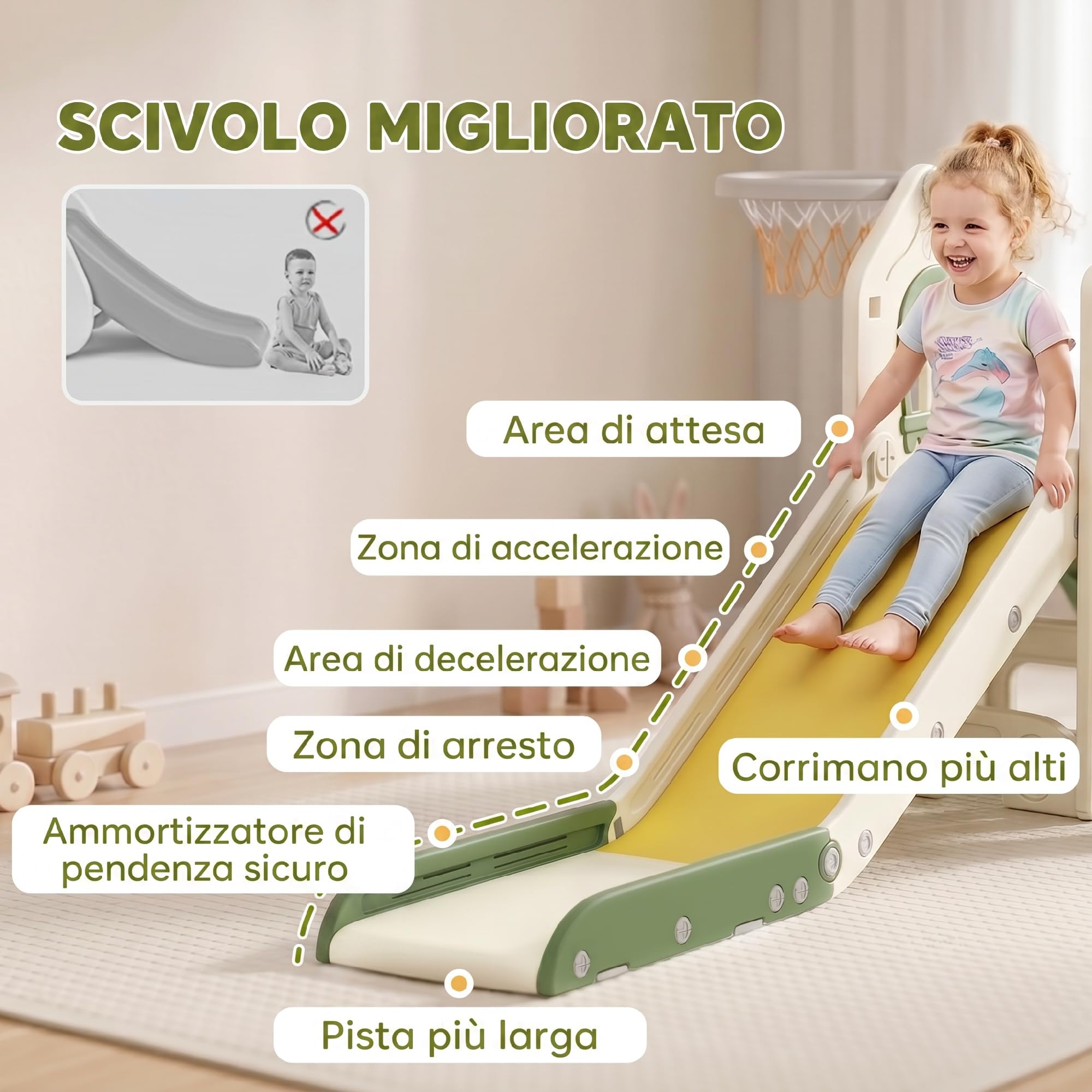 AIYAPLAY 4 in 1 Scivolo per Bambini 1-3 Anni in HDPE 191x100x84 cm Crema | Arrampicata, Canestro, Spazio Portaoggetti, Gradini Antiscivolo, Pallone, Carico Massimo 25kg