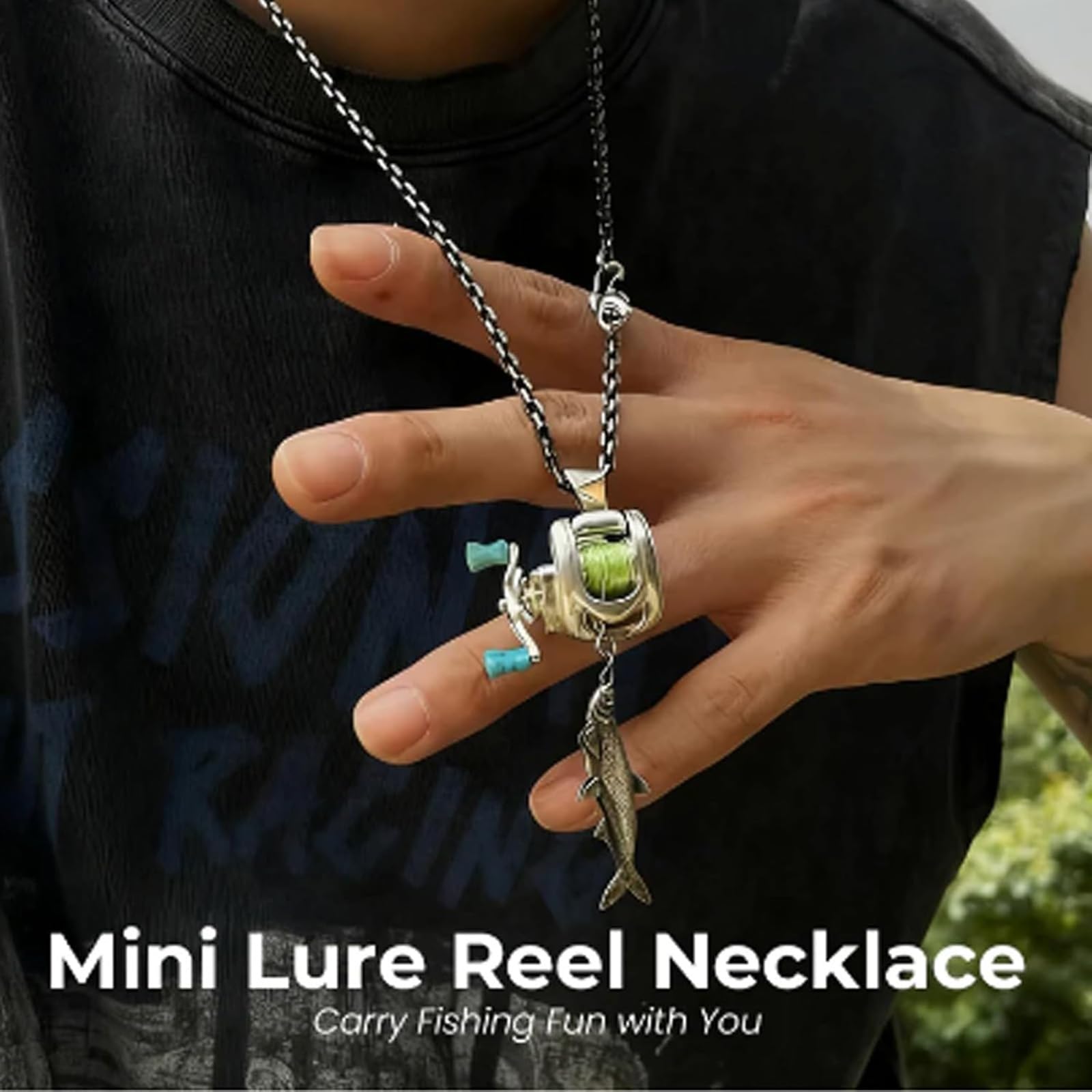 Générique Mini collier de moulinet de pêche, ensemble de bijoux de moulinet de pêche, pendentif de bras à bascule de moulinet, pendentif de moulinet et anneau de bras à bascule rotatif