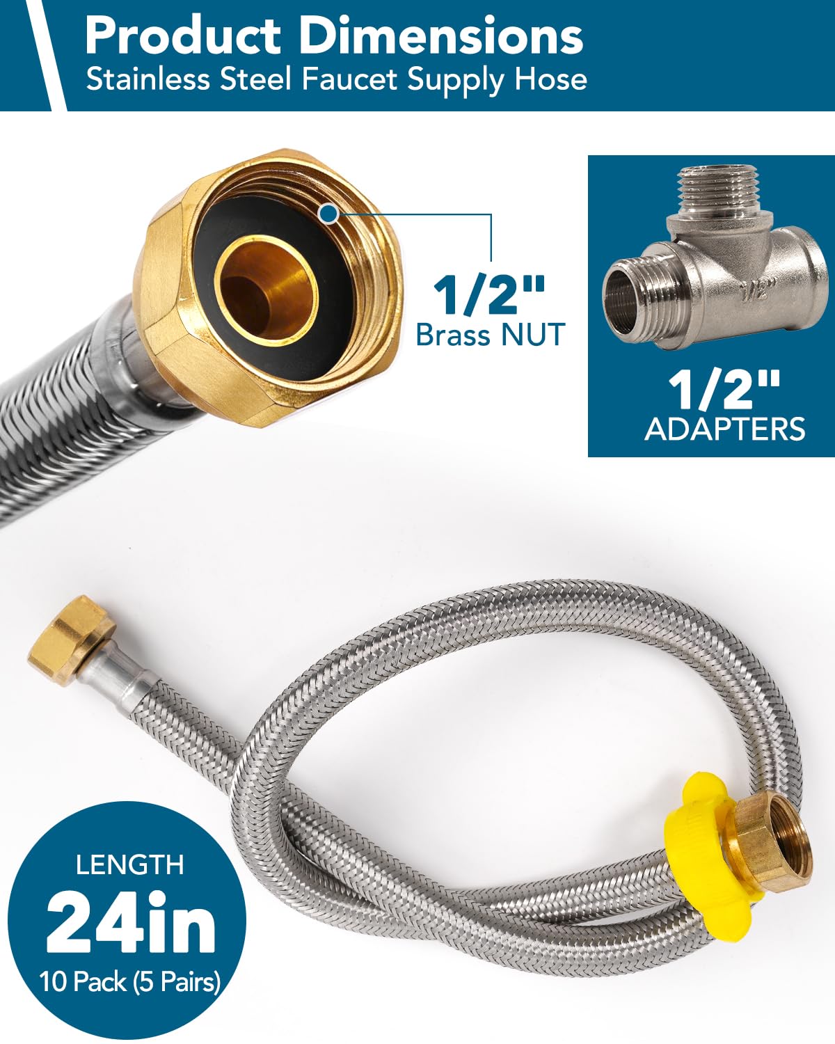 [Paquete de 10] Línea de suministro de grifo FIP de 24 pulgadas, 1/2 pulgada Comp x 1/2 pulgada, manguera de agua trenzada de acero inoxidable, conector flexible para fregadero de baño y cocina