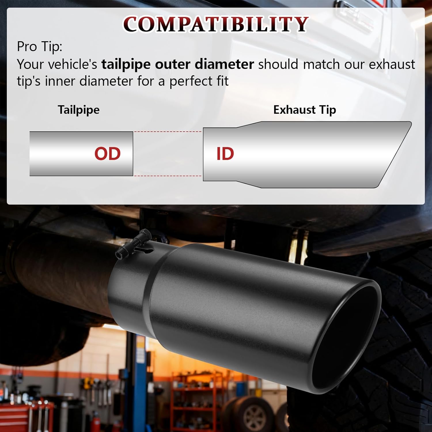 Exhaust Tip 5" Inlet 6" Outlet 15" Long, High Performance Stainless Steel, Peel-Resistant Black Powder Coated, Rolled Angle Cut, Bolt-On Diesel Tail Pipe, Universal for Car Truck
