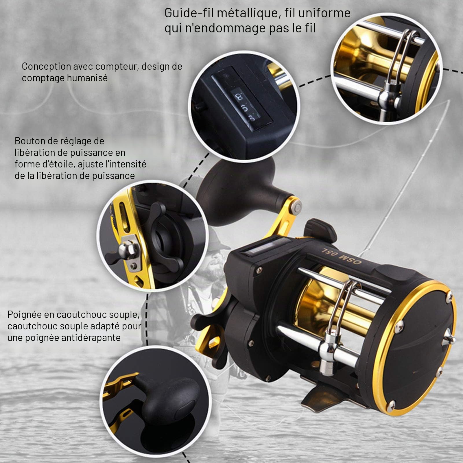 Gavigain Moulinet de pêche, Roue de pêche en métal pour Bateau avec Compteur de Ligne, Moulinet de pêche à la traîne avec Rapport de Vitesse, roulement Durable pour la pêche côtière en Eau salée