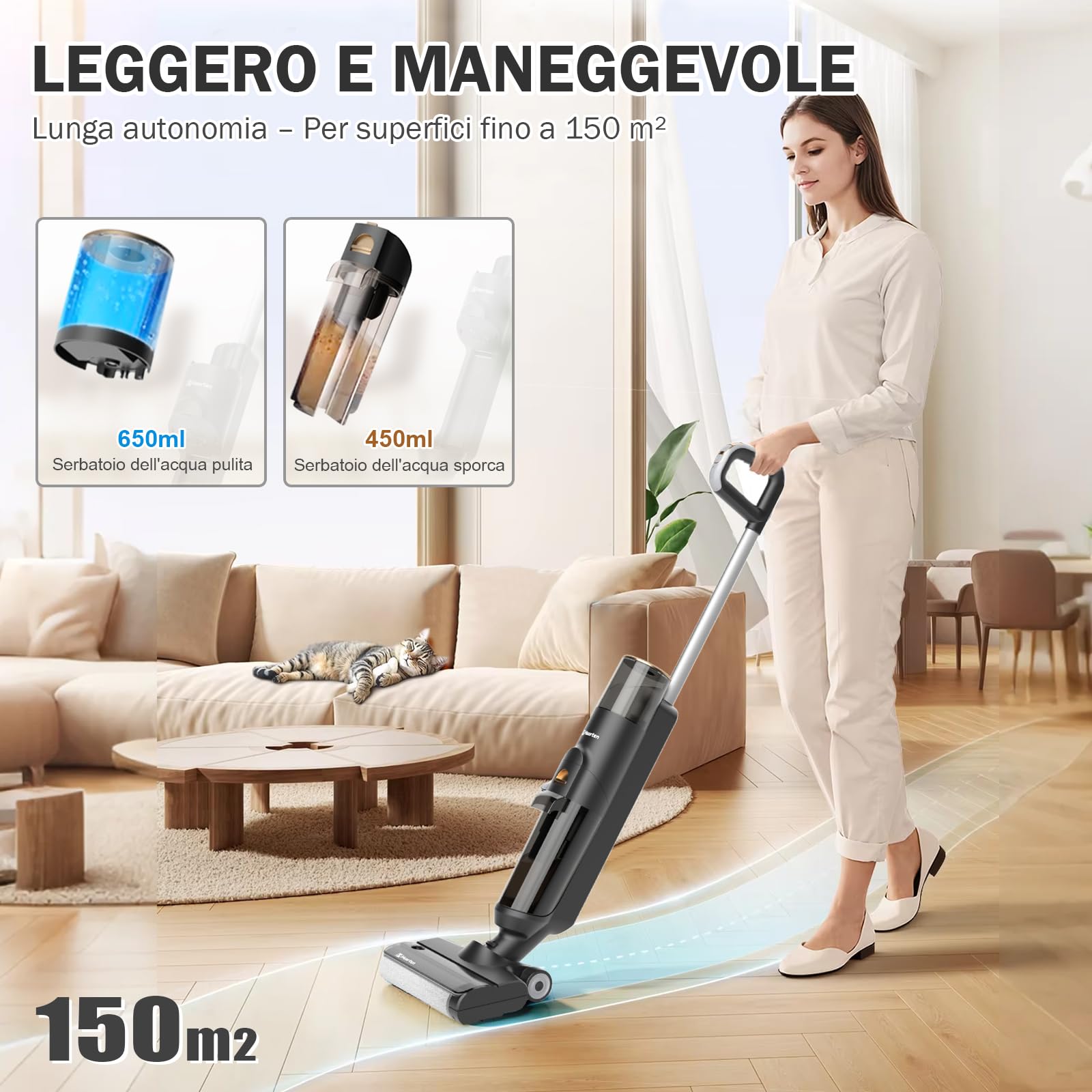 Hearten Lavapavimenti Senza Filo,Aspirapolvere Lavapavimenti Smart 3 in 1, Aspira e Lava, Auto-Pulente, Anti-Groviglio, Display LED – 0,7 mm, Regolazione Automatica, Per Peli Animali Scrubber