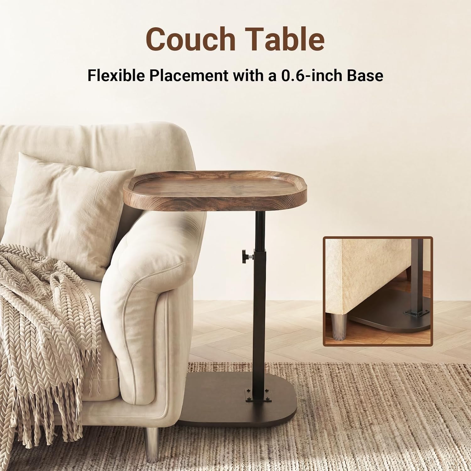 Adjustable Height TV Dinner Tray Table for Eating, 360°Swivel Small C Shaped End Side Table for Living Room, Bedroom,Hospital, Couch Armrest Table that Slide Under Sofa, Bed, Desk