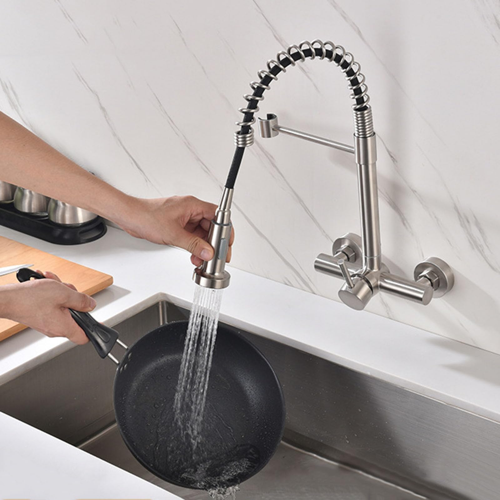Grifo Fregadero Pared Extraible Cuello de Cisne Monomando Grifos Cocina Fregadero con Muelle,Cepillado
