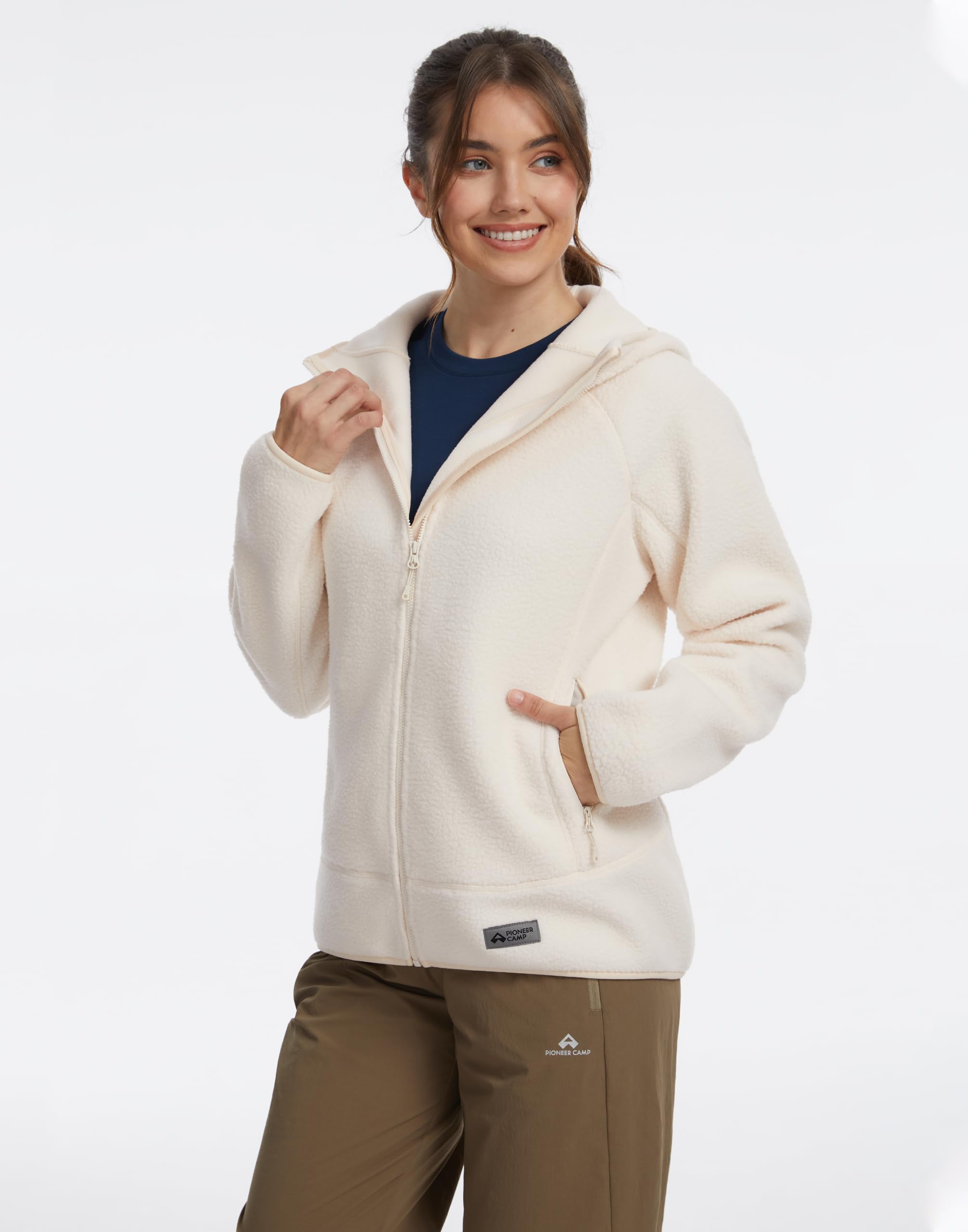Pioneer Camp Damen Outdoor Fleecejacke mit Kapuze, Dreifach Isoliert, Seitentaschen, Dehnbarer Saum für Wandern, Camping