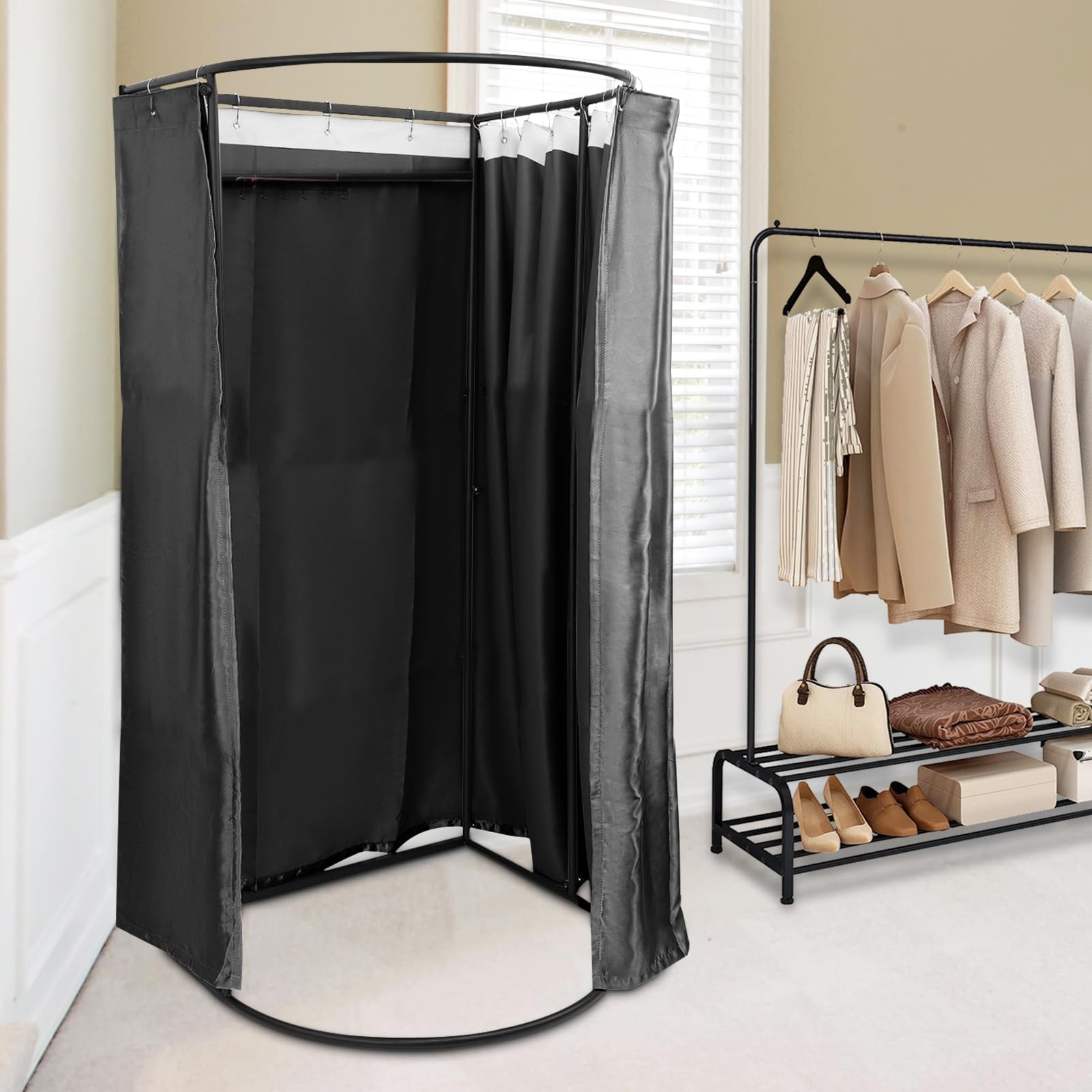 Generisch Spogliatoio portatile, spogliatoio per boutique,autoportante | Schermo privacy, telaio in metallo con tende e ganci per centri commerciali, negozi di abbigliamento