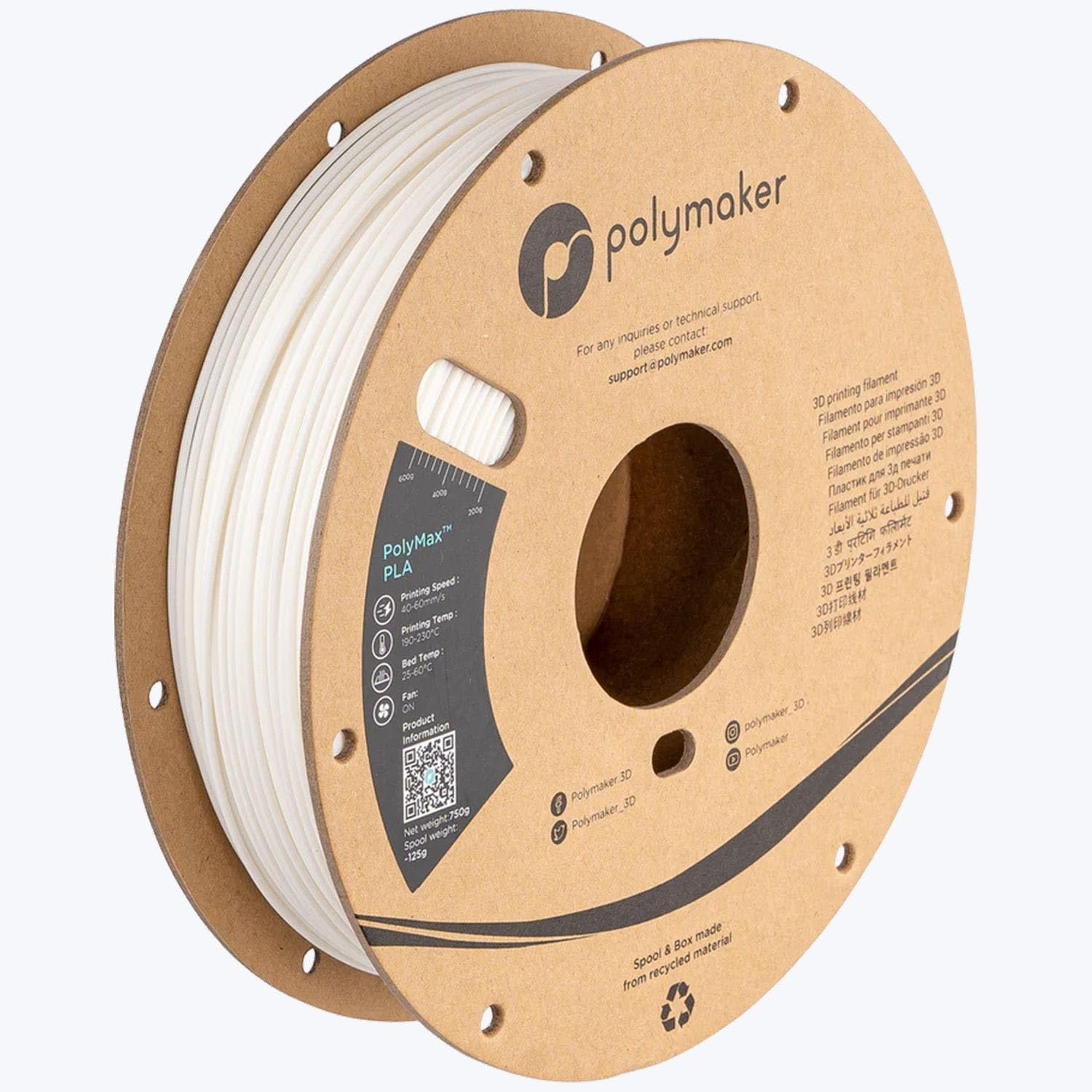 Polymaker PolyMax Tough PLA 3D Printer Filament - 1.75mm - 750G White