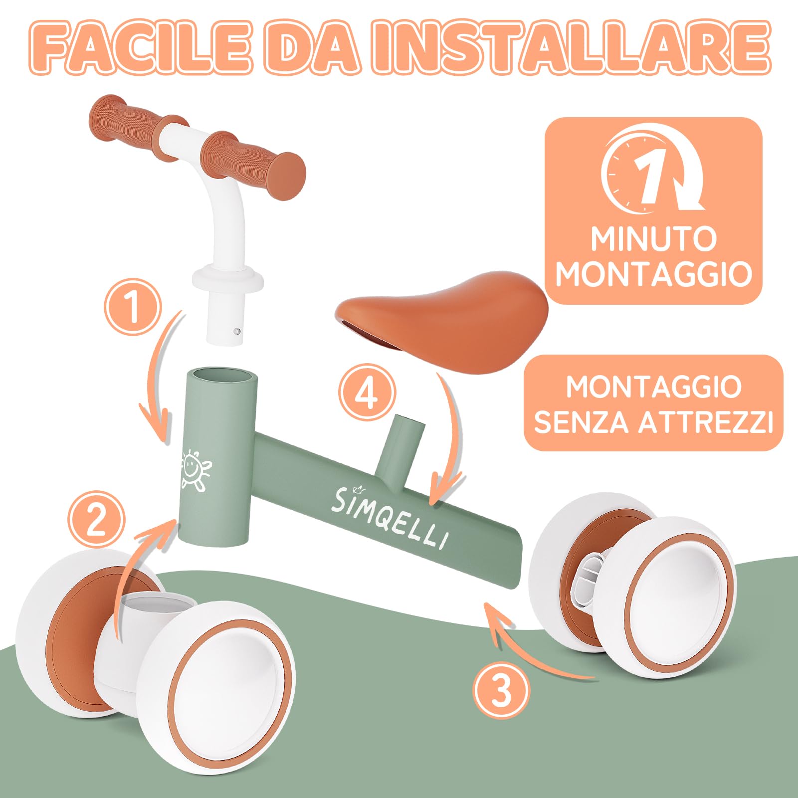 SIMQELLI Bicicletta Senza Pedali per Bambini 1 Anno (12-24 Mesi), Bicicletta di Equilibrio a 4 Ruote, Regalo di Compleanno per Bambini e Bambine (Verde)