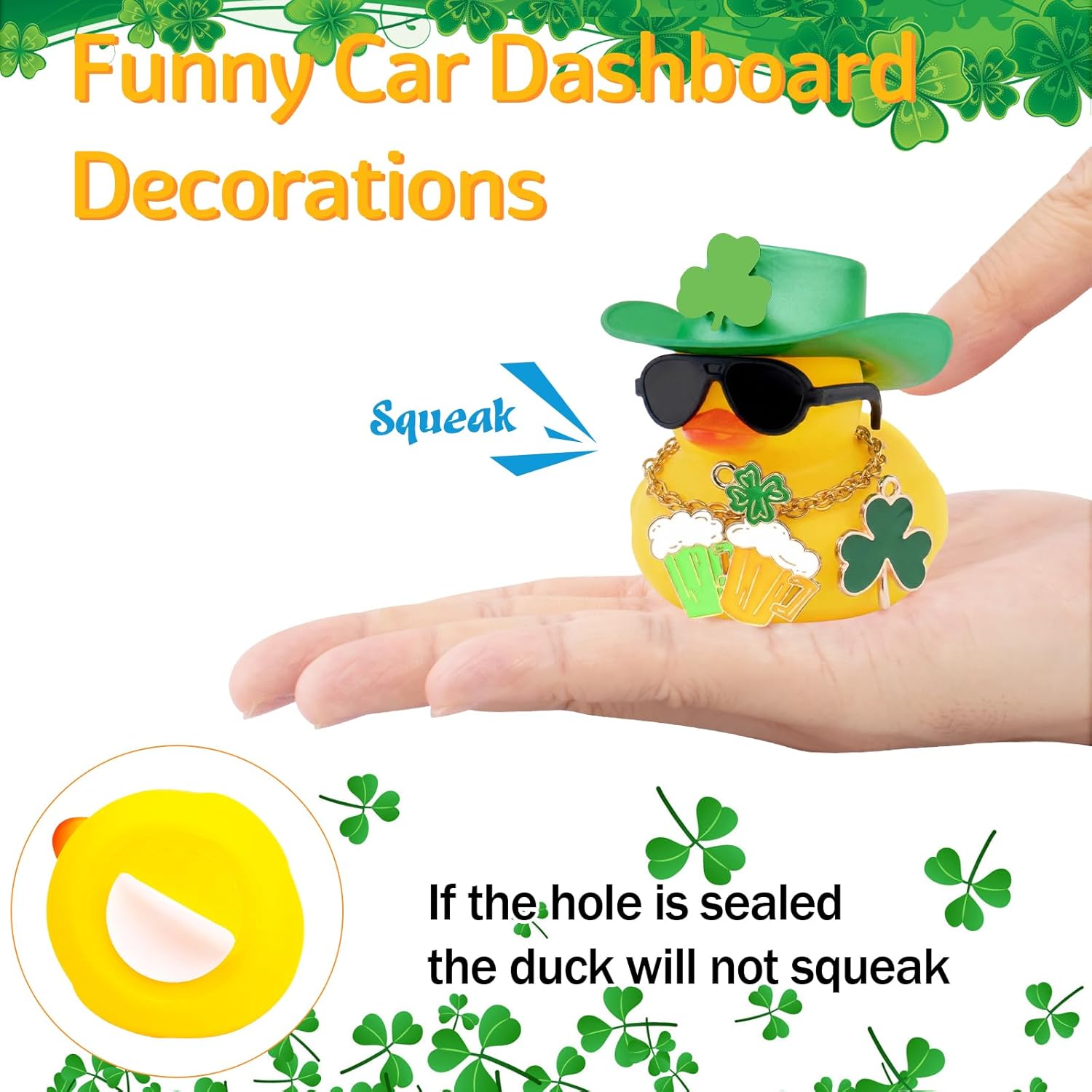 wonuu Rubber Duck St. Patrick's Day Dashboard Decorations Car Ornaments Shamrock Glitter Ducky for Car Ornament Accessories, Green Hat