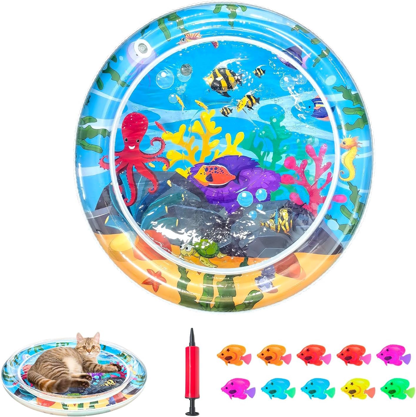 Inflatable Cat Dog Baby Water Mat Toy, [Newly Upgraded, 2 Layers Thickened] Premium Anti-Scratch Leak Proof Mat, with Floating Fish for Indoor Kitten