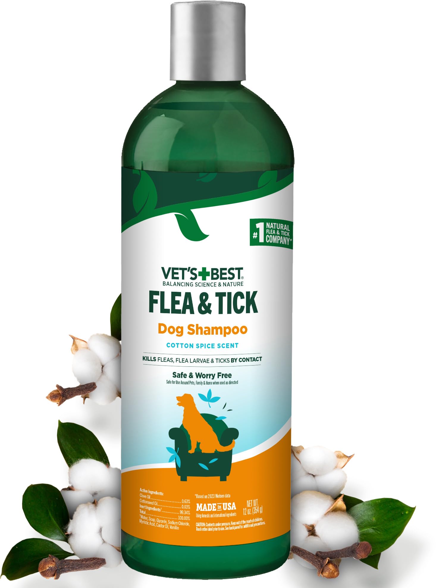 Vet's BestNatural Flea & Tick Dog Shampoo – Plant-Based Formula with Cotton Spice Scent – Natural Dog Shampoo with Essential Oils for Flea and Tick Support – Made in USA – 12 oz Bottle