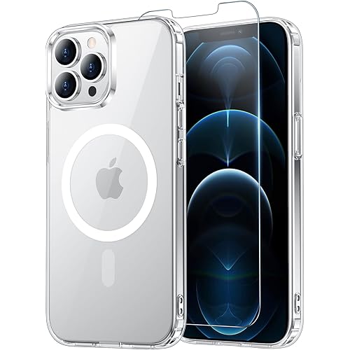 Temdan for iPhone 12& iPhone 12 Pro Case Clear with Screen Protector, Compatible with Magsafe, Anti-Yellowing, Military-Grade Protection, Shockproof Slim Magnetic Phone Case Cover, Transparent