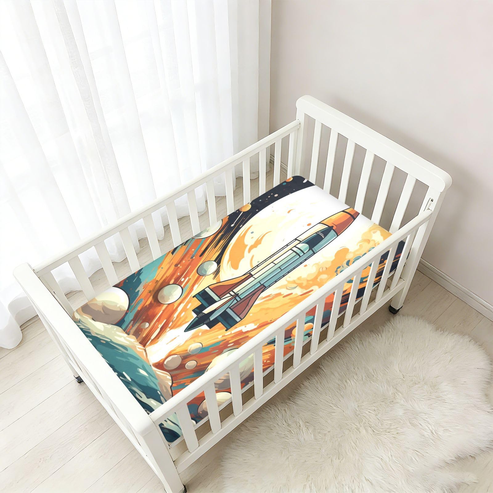 Luna Espacio Cohete Arte Abstracto Sábana de Cuna para Niños Pequeños,Sábanas de Algodón Suave para Bebés Aptas para Colchón Corralito