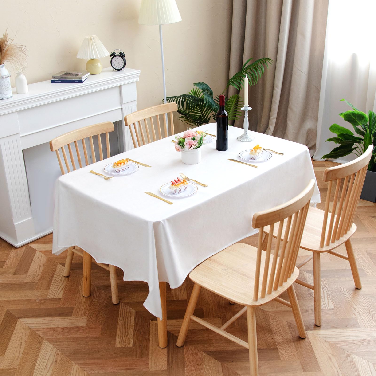 VelwayLinen Table Cloth Waterproof 140x200cm Rectangle Table Cover Wipe Clean 6 to 8 Seater Dining Table Cover Washable Fabric Tablecloth Indoor & Outdoor for Kitchen Picnic Tabletop Decor, White