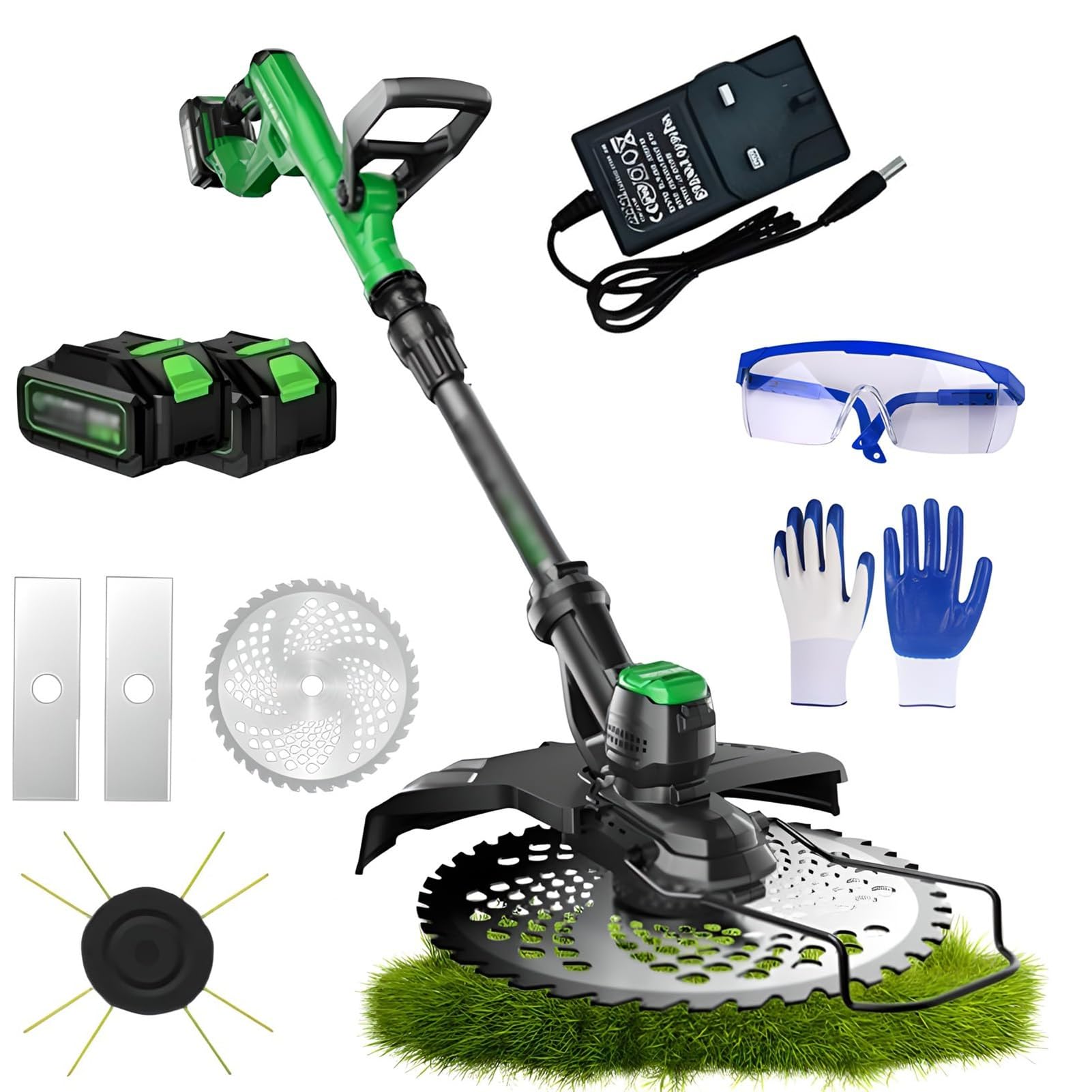 Desbrozadora de césped inalámbrica para jardín, desbrozadora eléctrica inalámbrica, desbrozadora de césped sin escobillas con guantes, gafas protectoras, 2 baterías de 3000 mAh, 3 tipos de cuchillas