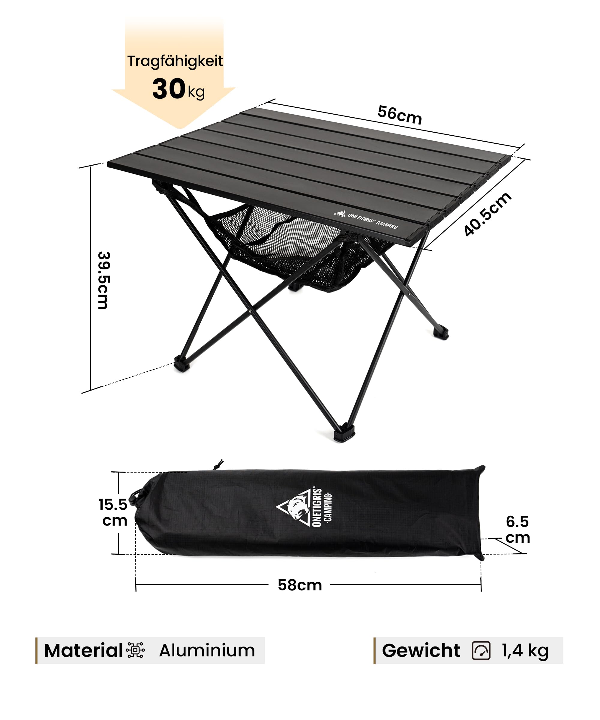 OneTigris SWIFLY Campingtisch Alu faltbar, Klapptisch klein faltbar, Outdoor Tisch Ultraleicht tragbarer, Tisch klappbar, Tragfähigkeit bis zu 30 kg für Outdoor, Wandern (56x40,5x39,5 cm)